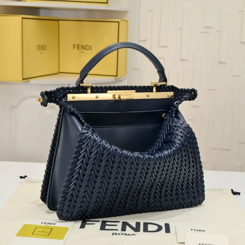 Fendi Navy Blue Woven Top Handle Shoulder Bag - Image 7