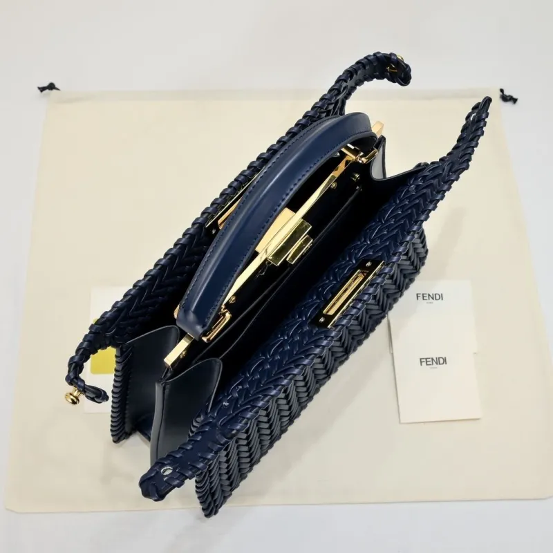 Fendi Navy Blue Woven Top Handle Shoulder Bag - Image 9