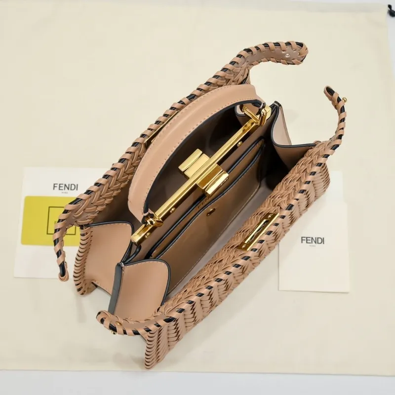 Fendi Beige Woven Leather Top Handle Bag 75 - Image 9