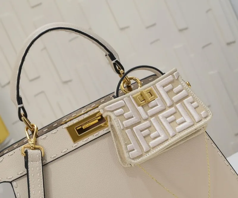 Fendi Cream Top Handle Bag with Mini FF Charm - Image 3