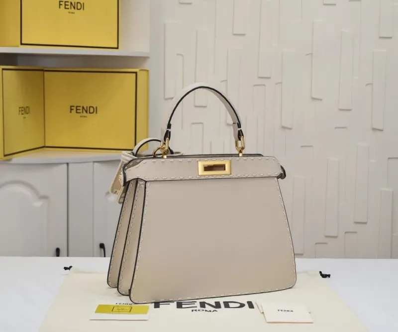 Fendi Cream Top Handle Bag with Mini FF Charm - Image 4