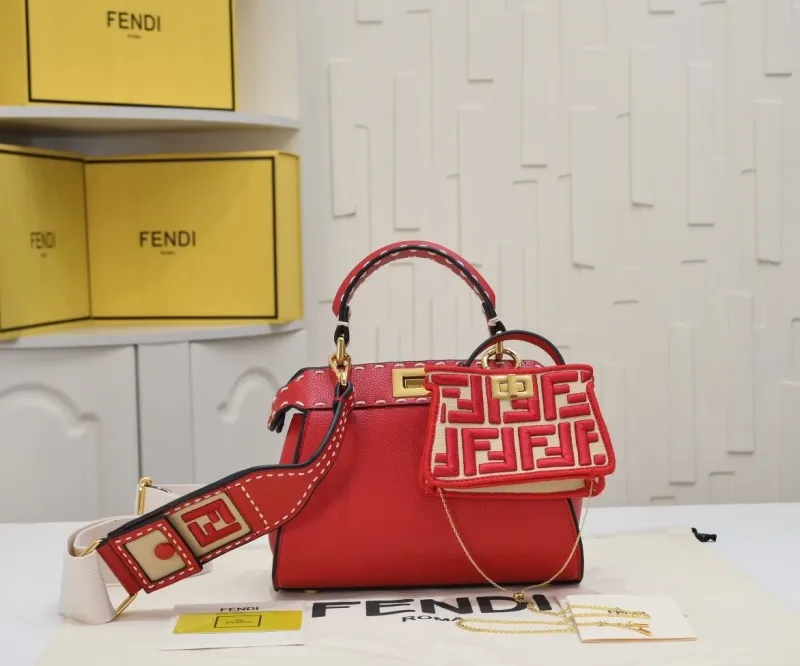 Fendi Red Top Handle Bag with Mini FF Charm