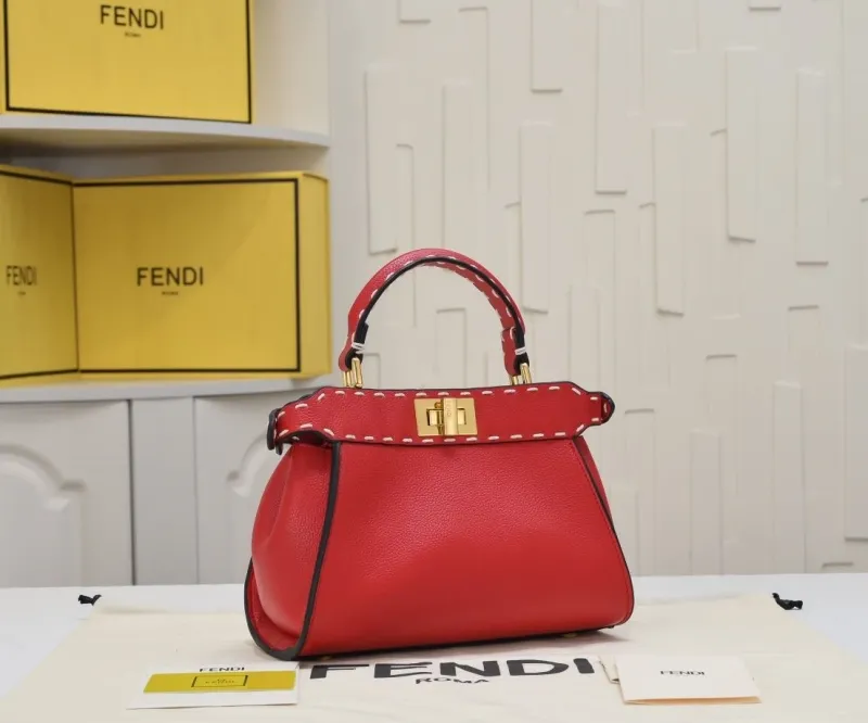 Fendi Red Top Handle Bag with Mini FF Charm - Image 6