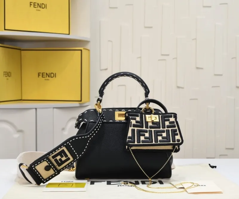 Fendi Black Top Handle Bag with Mini FF Pouch