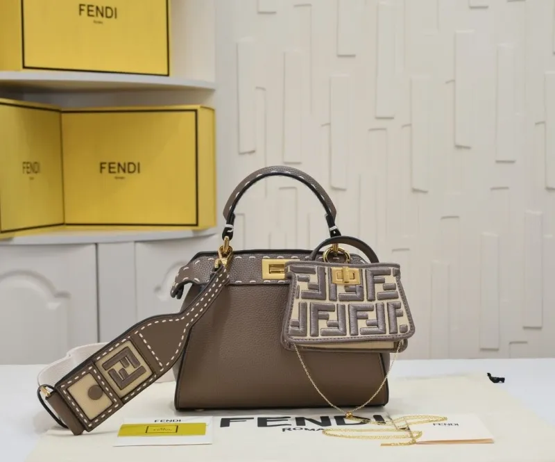 Fendi Taupe Top Handle Bag with Mini Pouch