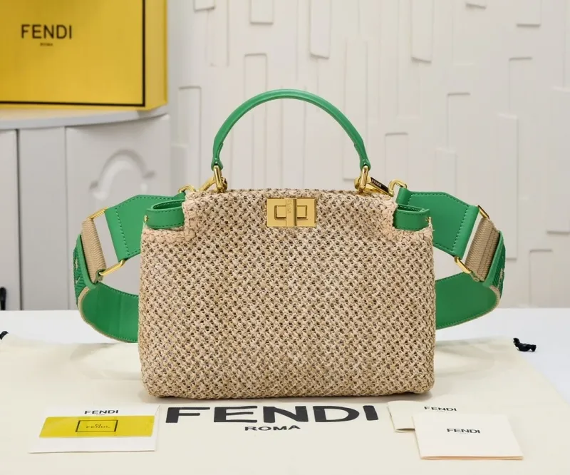 Fendi Beige Green Woven Top Handle Bag