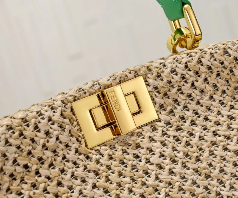 Fendi Beige Green Woven Top Handle Bag - Image 3