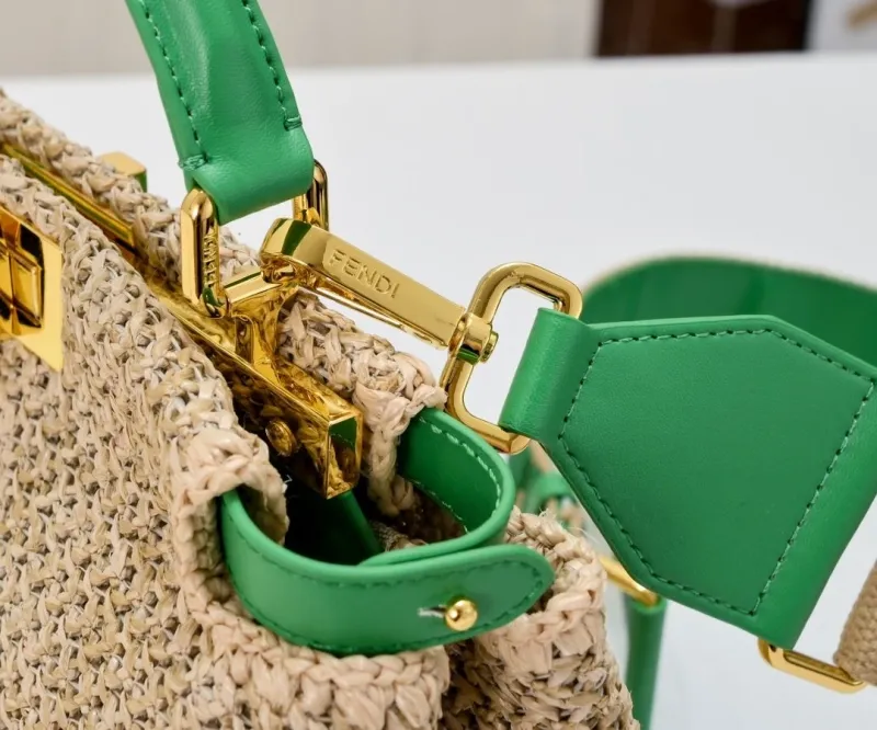 Fendi Beige Green Woven Top Handle Bag - Image 4