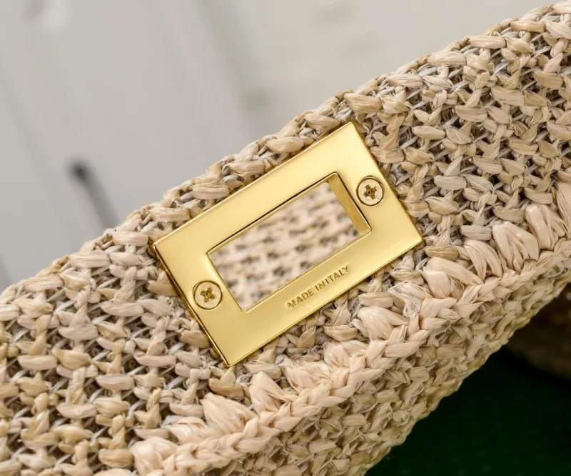 Fendi Beige Green Woven Top Handle Bag - Image 5