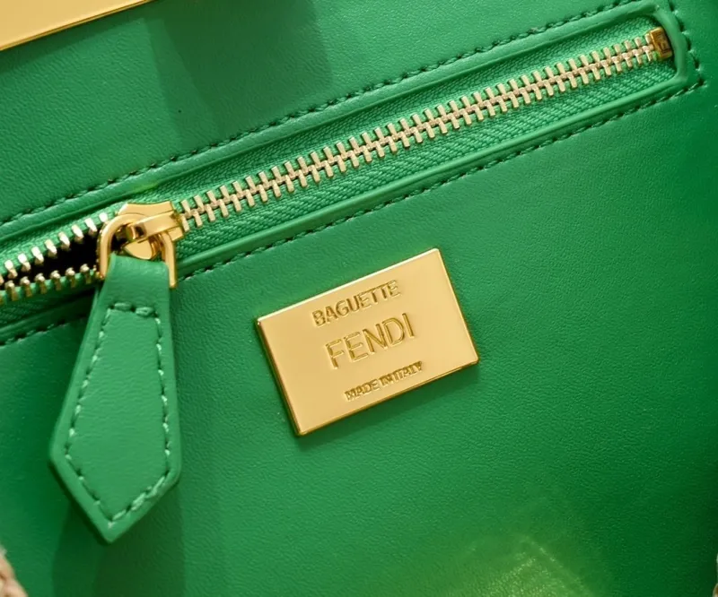 Fendi Beige Green Woven Top Handle Bag - Image 7