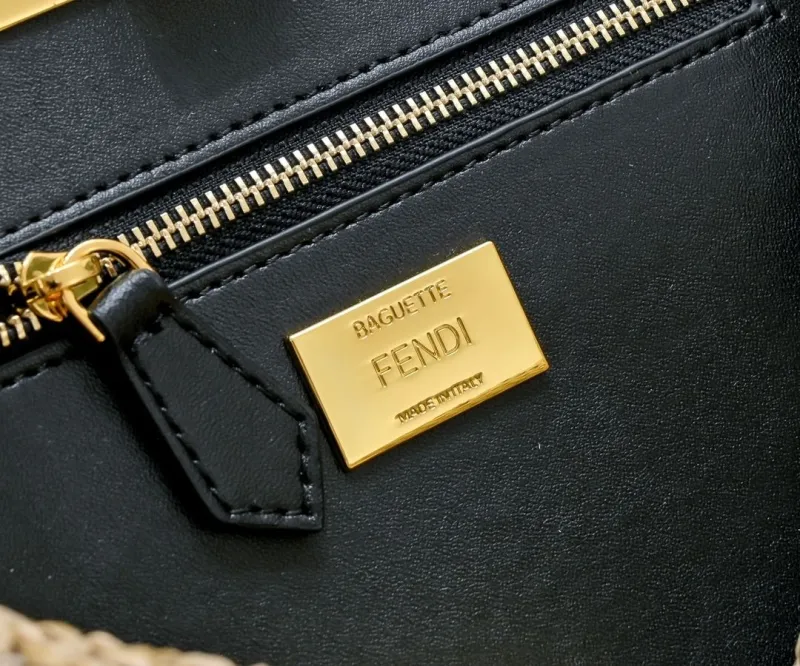 Fendi Beige Green Woven Top Handle Bag - Image 8