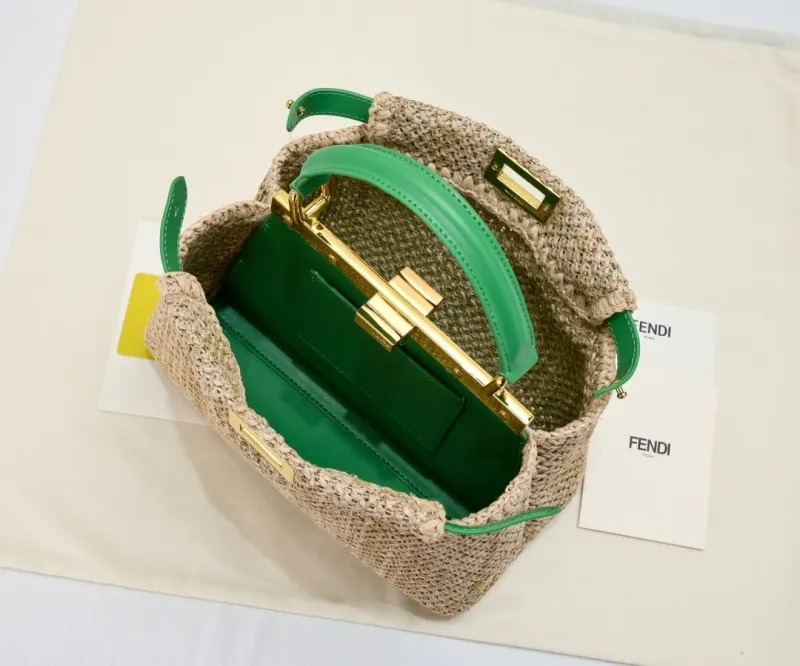Fendi Beige Green Woven Top Handle Bag - Image 9