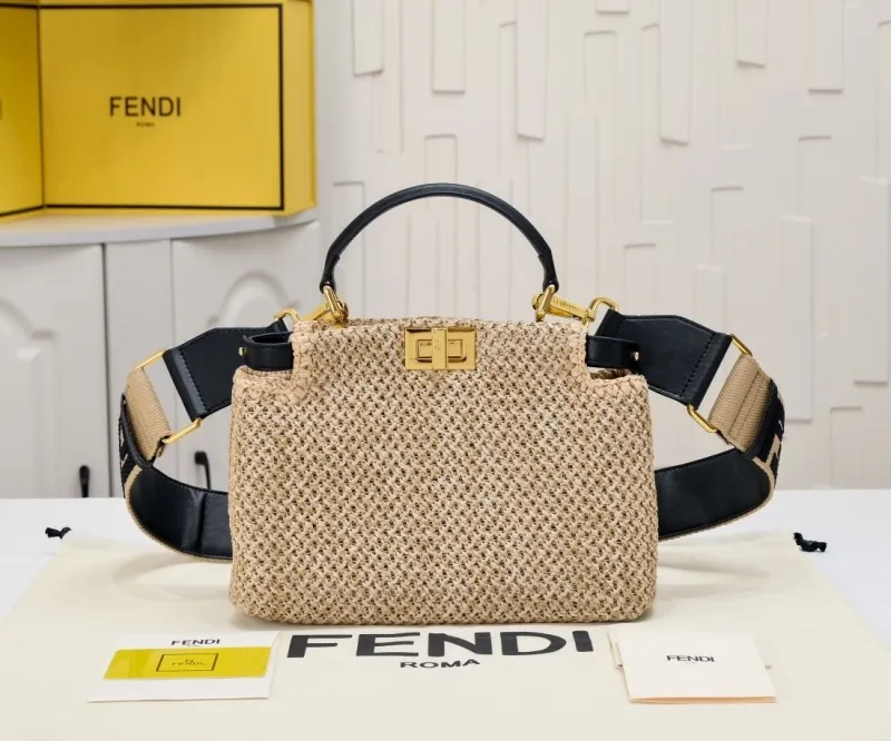 Fendi Beige Woven Top Handle Crossbody Bag