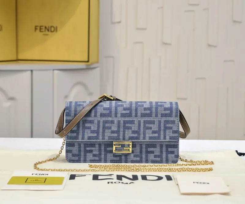 Fendi Blue Denim FF Logo Chain Crossbody Bag