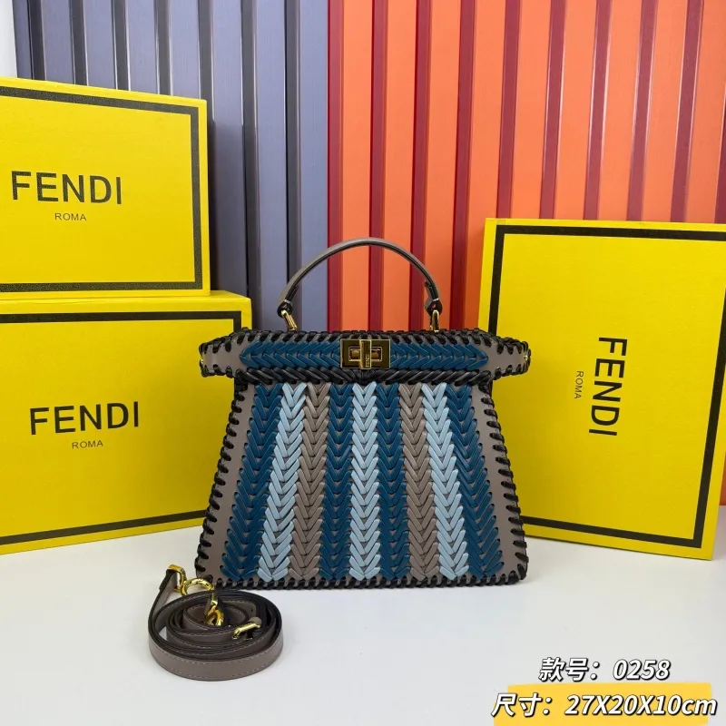 Fendi Blue Gray Woven Top Handle Crossbody Bag 0258 27x20x10cm