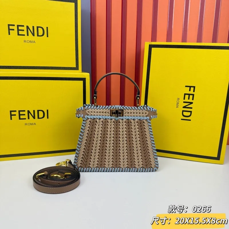Fendi Brown Light Blue Woven Top Handle Bag 0266 Size 20X15.5X8cm