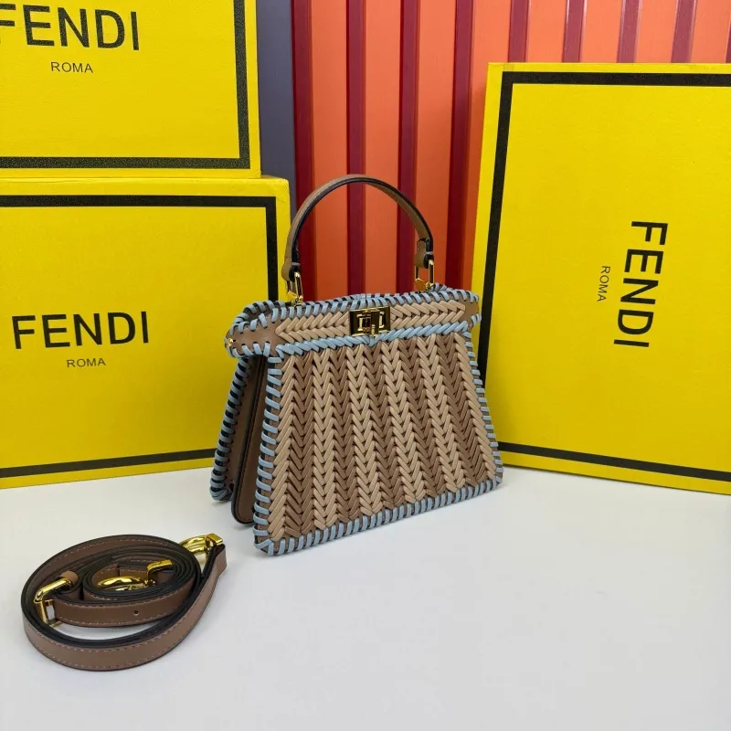 Alternative view of Fendi Brown Light Blue Woven Top Handle Bag 0266 Size 20X15.5X8cm