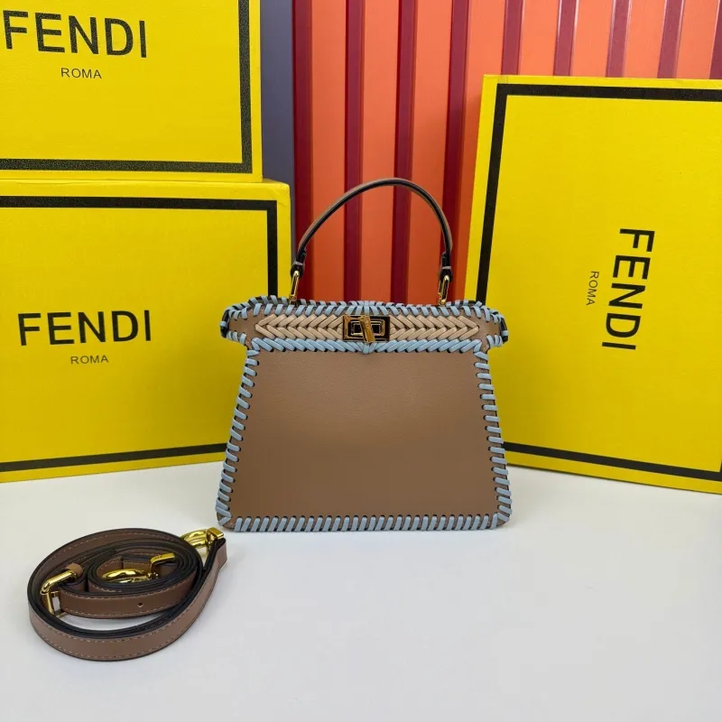 Fendi Brown Light Blue Woven Top Handle Bag 0266 Size 20X15.5X8cm - Image 3