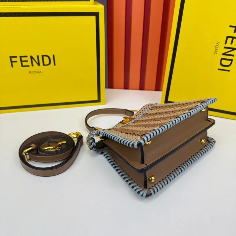 Fendi Brown Light Blue Woven Top Handle Bag 0266 Size 20X15.5X8cm - Image 4