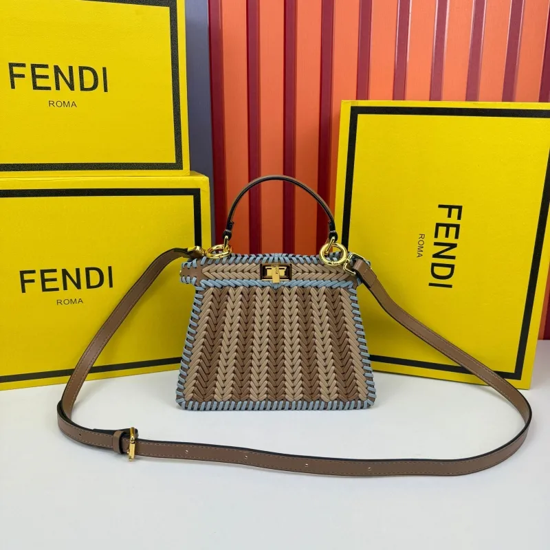Fendi Brown Light Blue Woven Top Handle Bag 0266 Size 20X15.5X8cm - Image 5