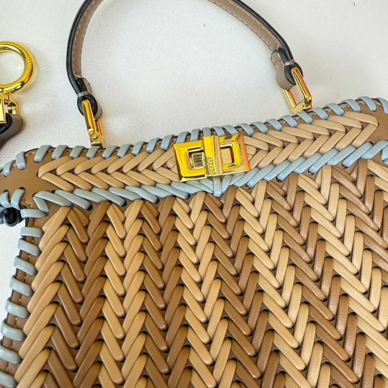 Fendi Brown Light Blue Woven Top Handle Bag 0266 Size 20X15.5X8cm - Image 6