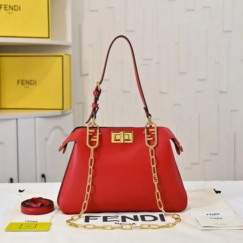 Fendi Red Leather Top Handle Shoulder Bag