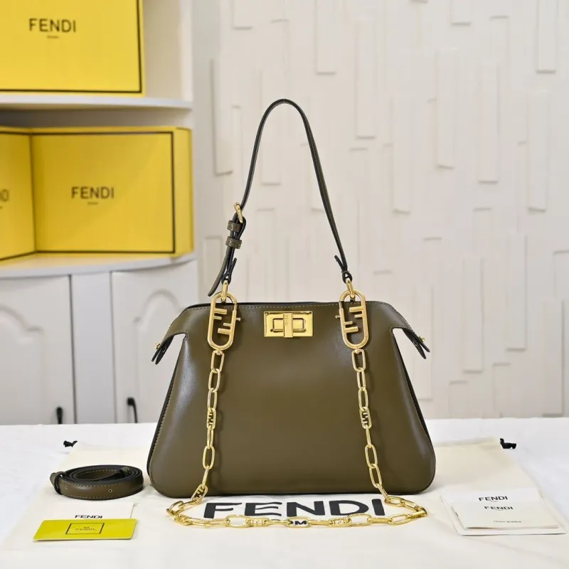 Fendi Olive Green Leather Top Handle Shoulder Bag