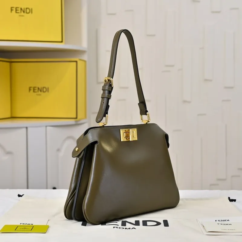 Fendi Olive Green Leather Top Handle Shoulder Bag - Image 3