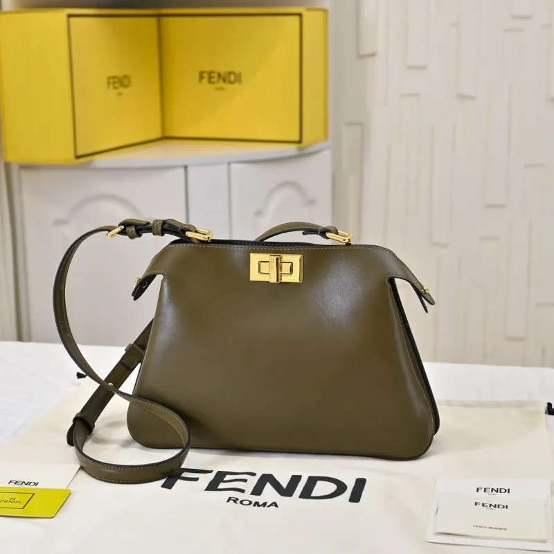 Fendi Olive Green Leather Top Handle Shoulder Bag - Image 4