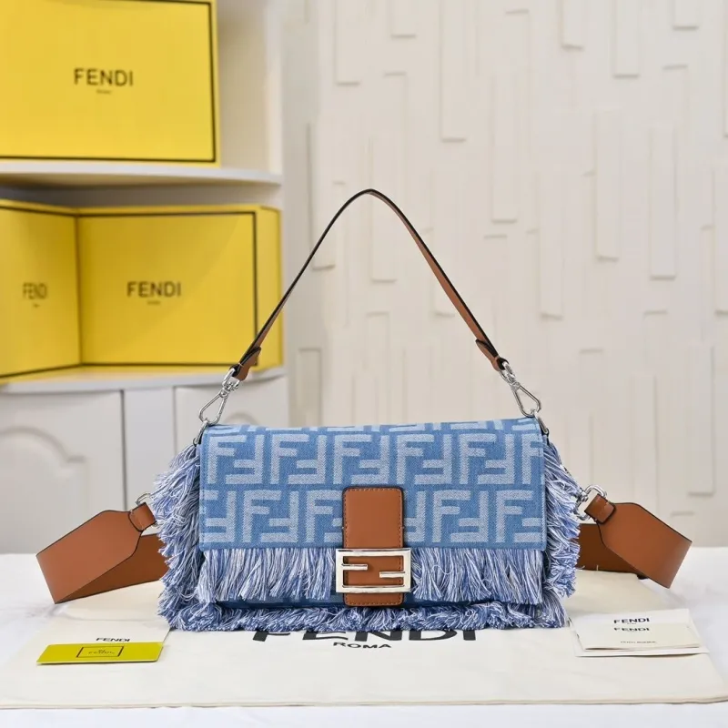 Fendi Denim Fringed Baguette Shoulder Bag