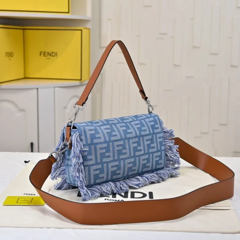 Alternative view of Fendi Denim Fringed Baguette Shoulder Bag