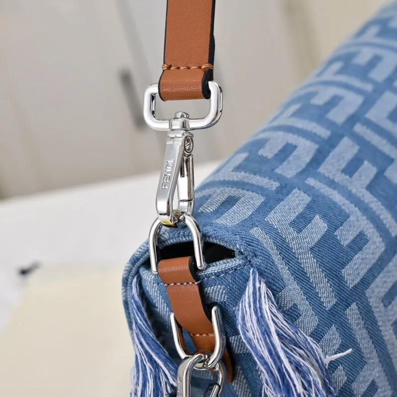 Fendi Denim Fringed Baguette Shoulder Bag - Image 3