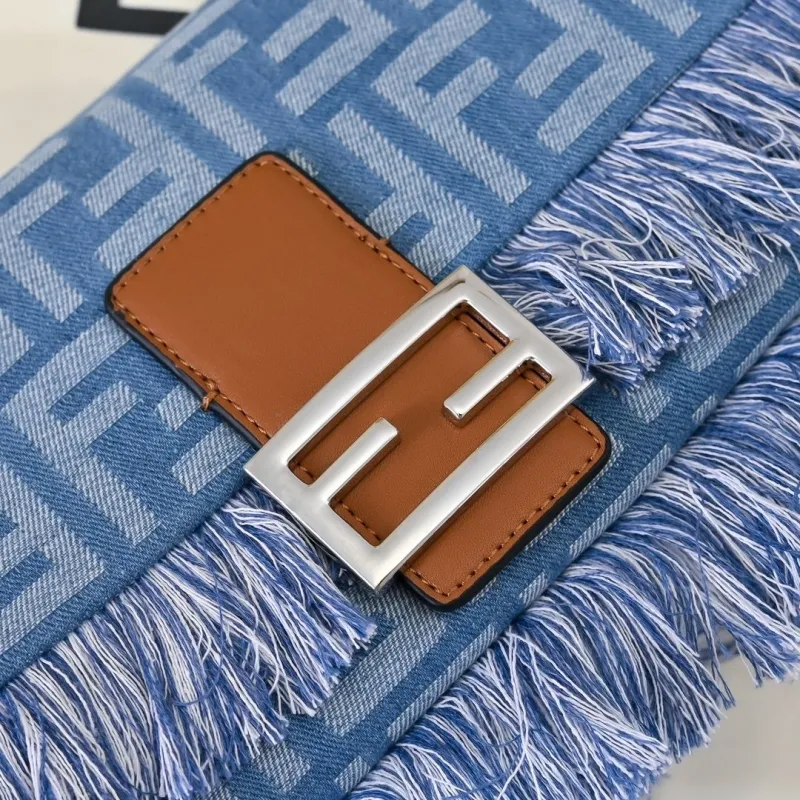 Fendi Denim Fringed Baguette Shoulder Bag - Image 4