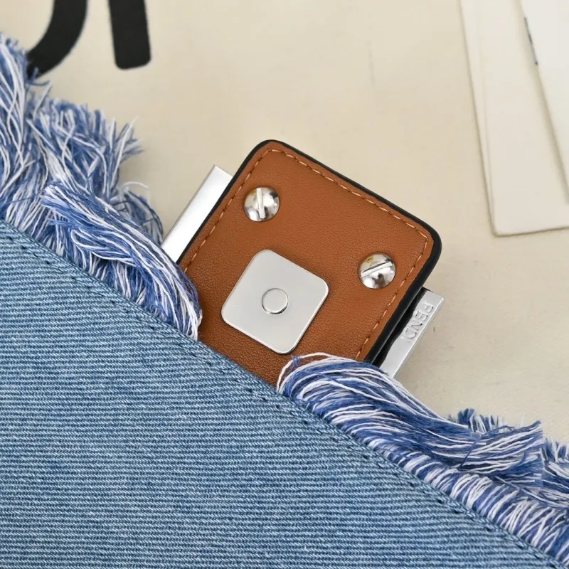 Fendi Denim Fringed Baguette Shoulder Bag - Image 5