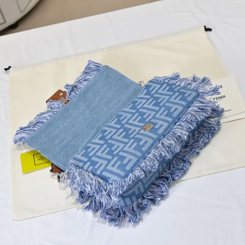 Fendi Denim Fringed Baguette Shoulder Bag - Image 8