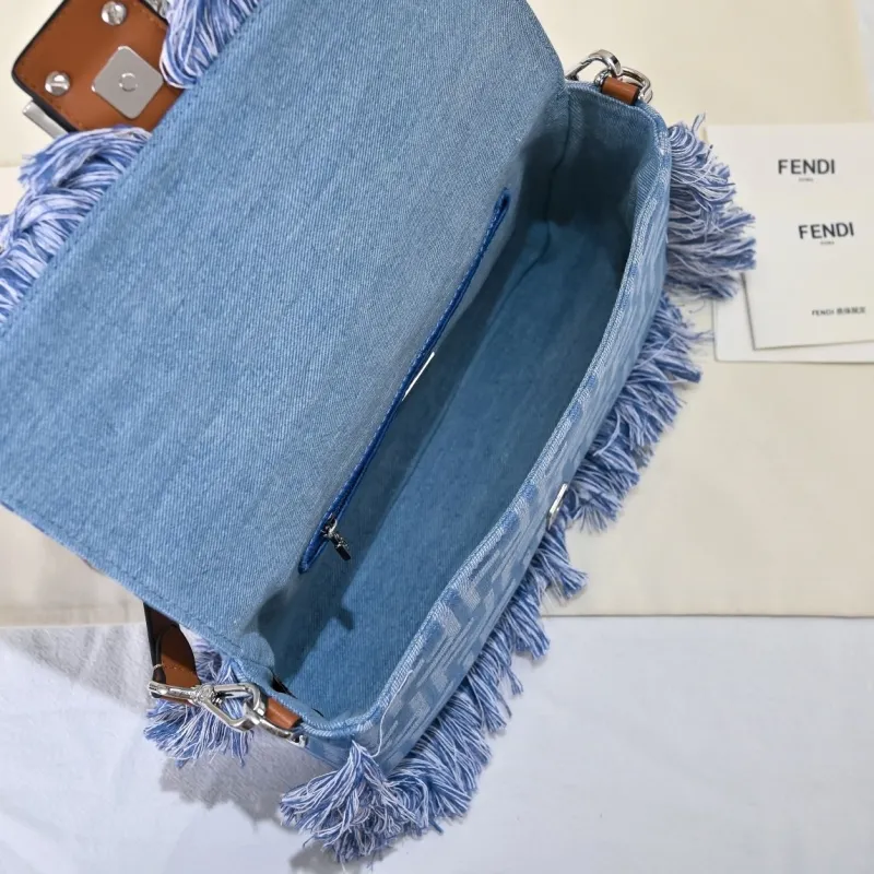 Fendi Denim Fringed Baguette Shoulder Bag - Image 9