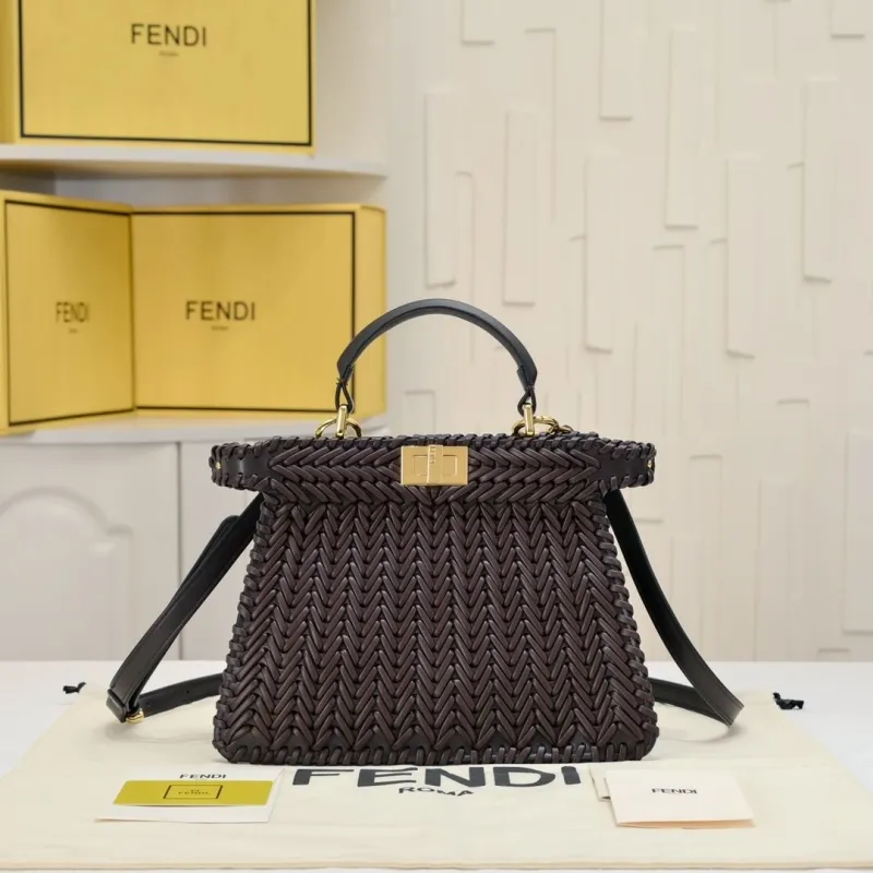 Fendi Brown Woven Leather Top Handle Bag