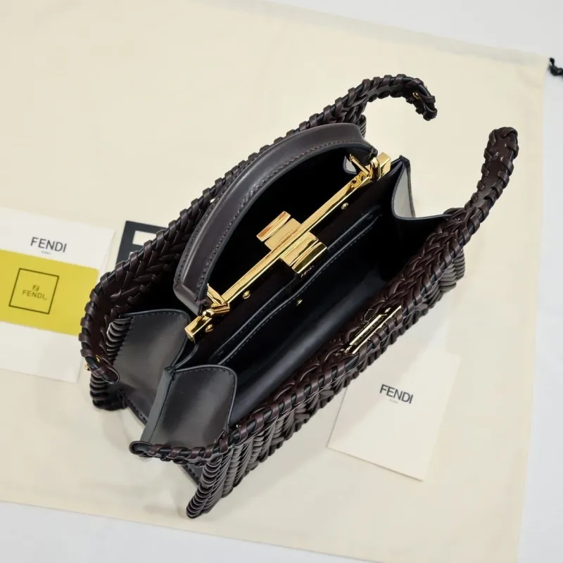 Fendi Brown Woven Leather Top Handle Bag - Image 9