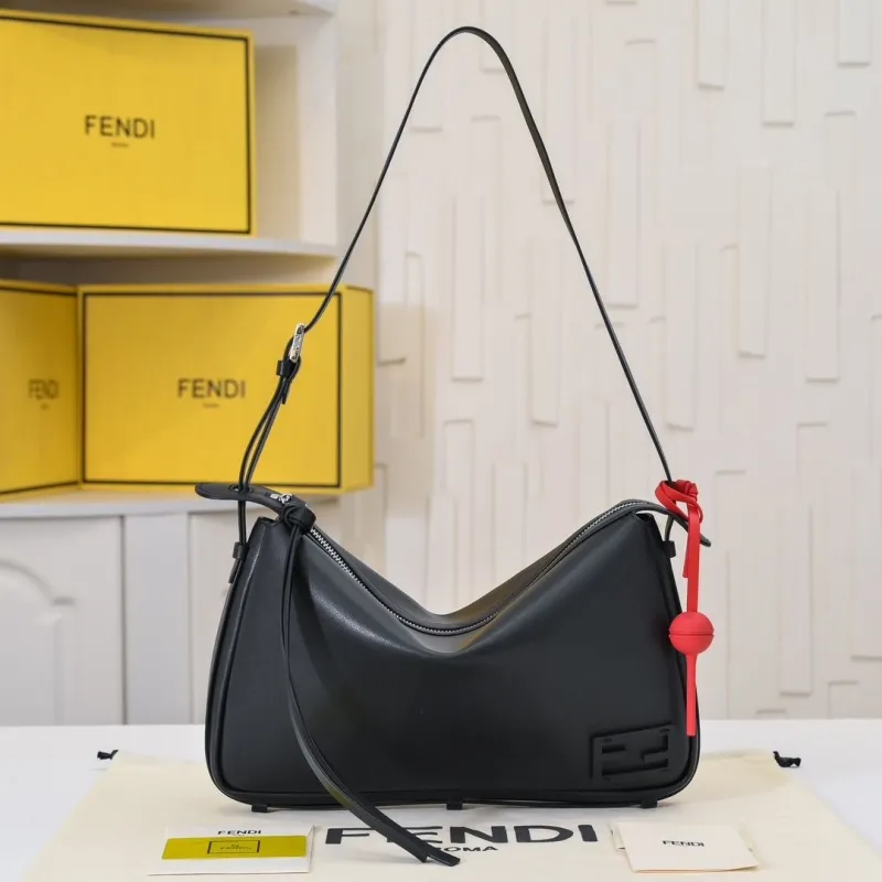 Fendi Black Leather Shoulder Bag 205 with Red Charm