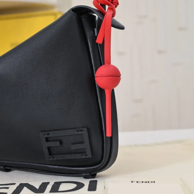 Fendi Black Leather Shoulder Bag 205 with Red Charm - Image 3