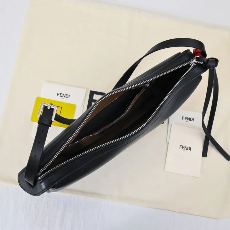 Fendi Black Leather Shoulder Bag 205 with Red Charm - Image 9