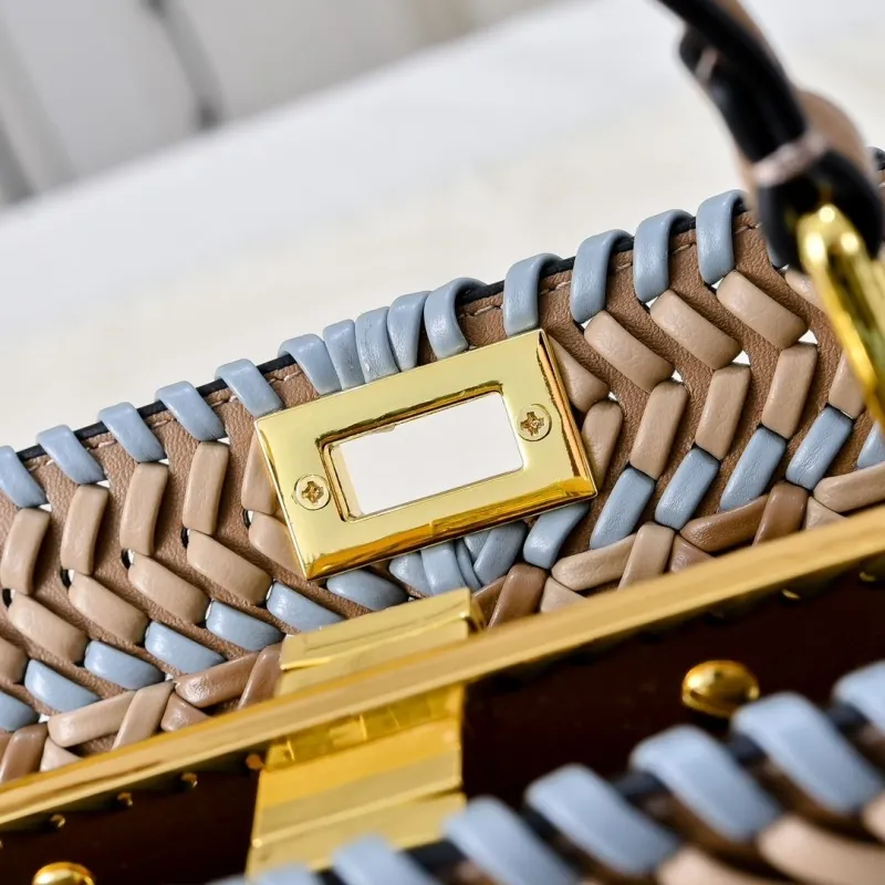 Fendi Woven Brown Light Blue Top Handle Crossbody Bag - Image 6