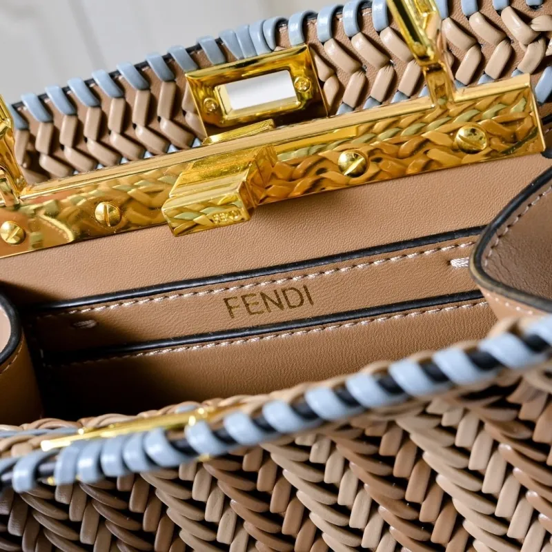 Fendi Woven Brown Light Blue Top Handle Crossbody Bag - Image 7