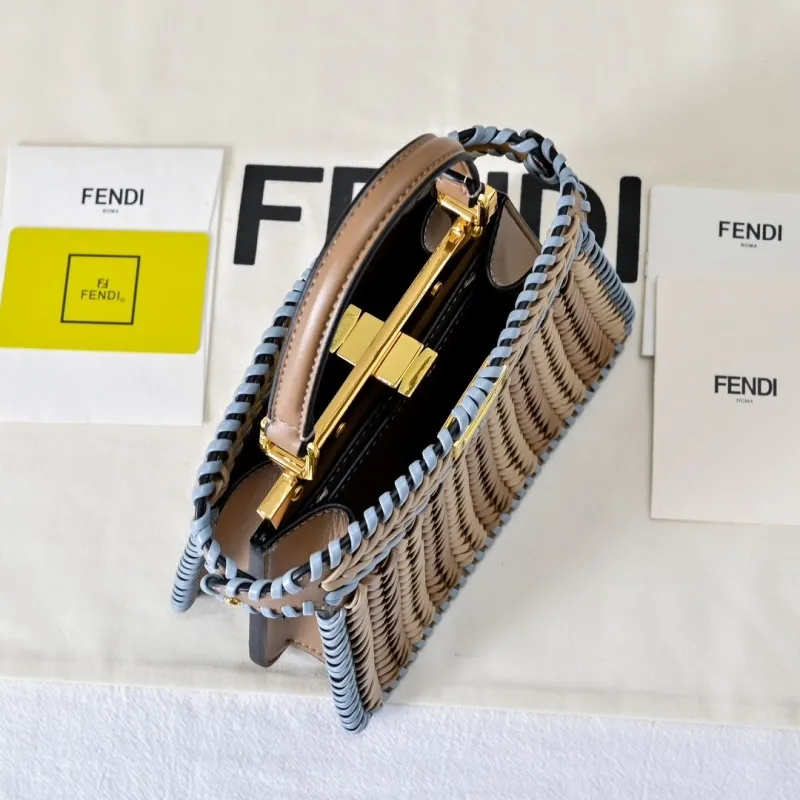 Fendi Woven Brown Light Blue Top Handle Crossbody Bag - Image 9
