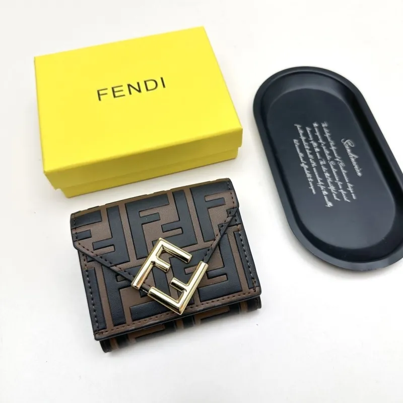 Fendi FF Monogram Compact Brown Black Leather Wallet