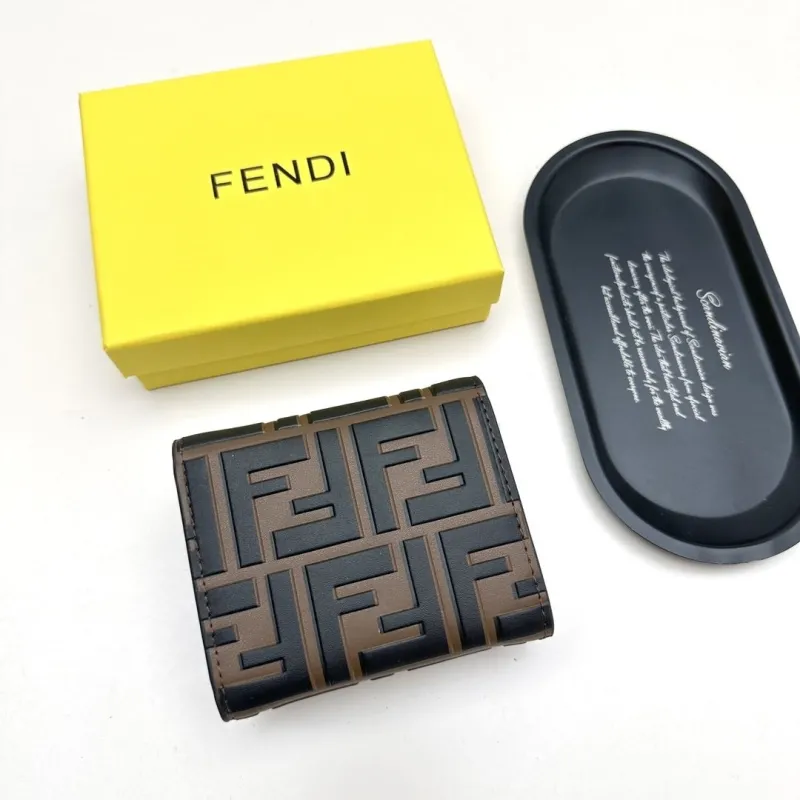 Fendi FF Monogram Compact Brown Black Leather Wallet - Image 3