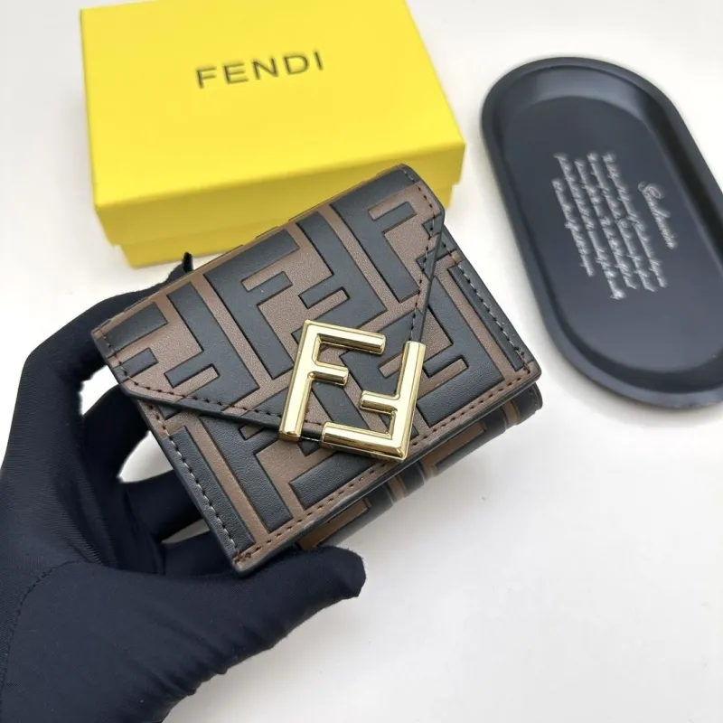 Fendi FF Monogram Compact Brown Black Leather Wallet - Image 4