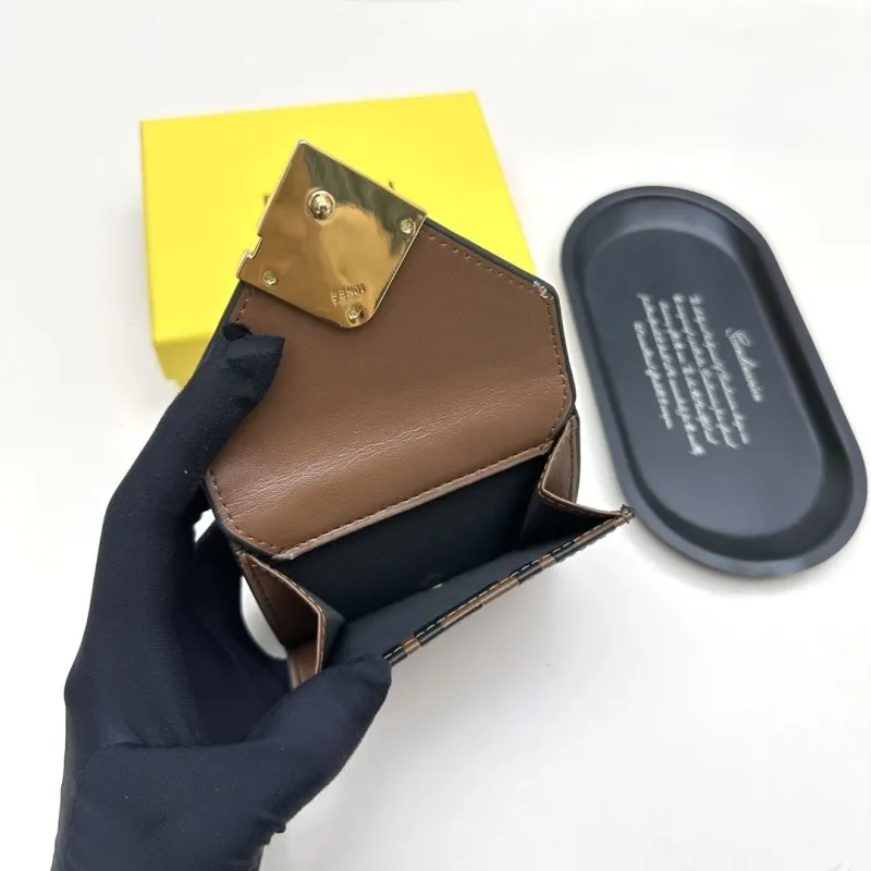 Fendi FF Monogram Compact Brown Black Leather Wallet - Image 7