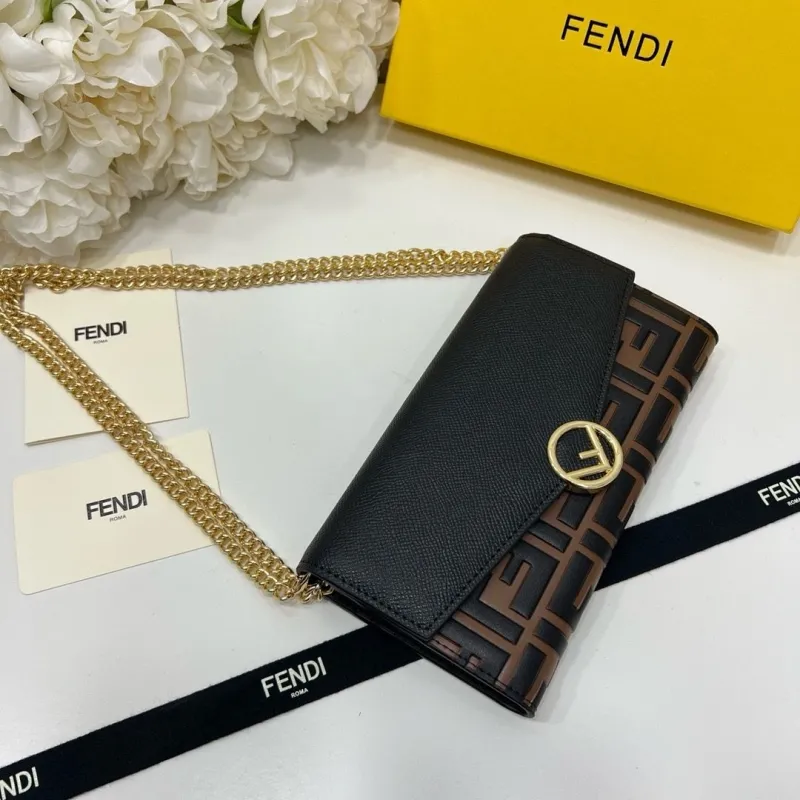 Fendi Black Brown FF Logo Wallet On Chain - Image 4