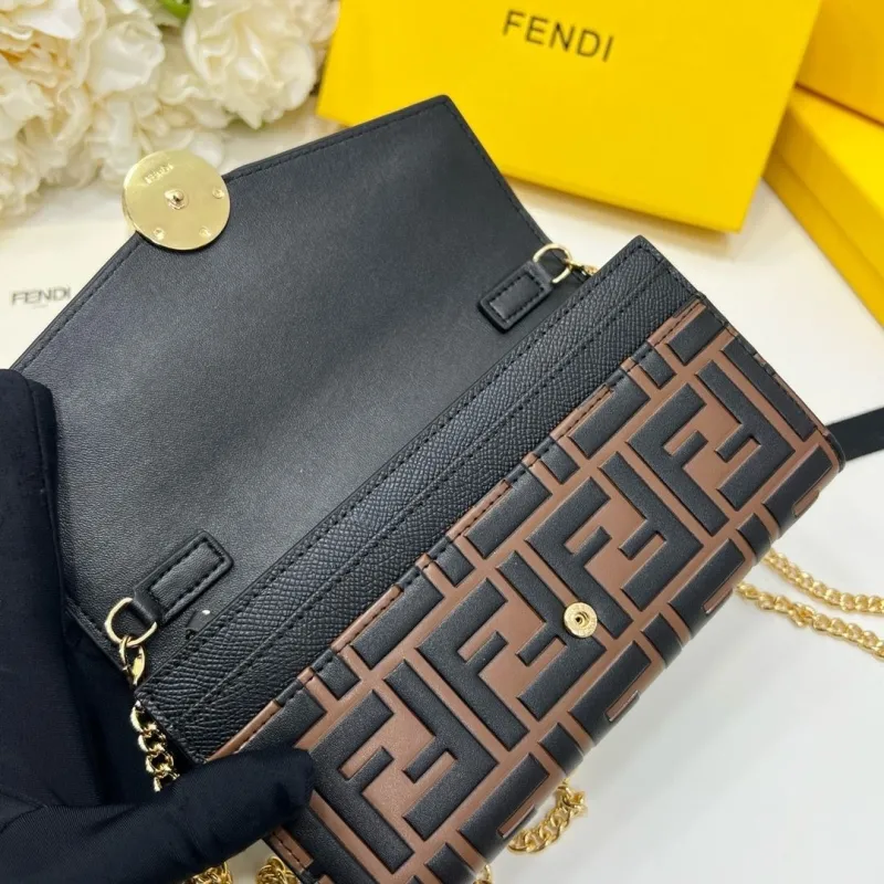 Fendi Black Brown FF Logo Wallet On Chain - Image 7